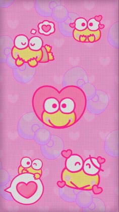 a pink background with hearts, birds and other cartoon characters on the bottom right corner