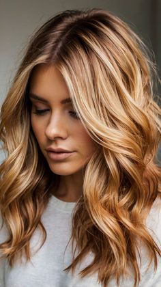 Blunt Lob for Blondes with Copper Contrast Oat Milk Hair Color, Muted Copper Hair, Light Brown Copper Hair, Copper And Blonde Balayage, Copper Blonde Highlights, Fall Hair Colors For Blondes, Copper Blonde Hair Color, Hair Colors For Blondes, Copper Blonde Hair