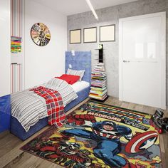 a room with a bed, rug and other items on the floor