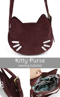 an image of a cat purse with zippers on the front and side, showing how to