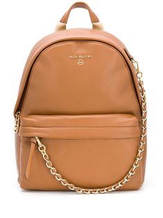 luggage brown leather gold-tone logo lettering chain-link trim top zip fastening adjustable shoulder straps single top handle main compartment internal slip pocket front zip-fastening compartment Brown Leather Backpack, Luxury Purses, Trim Top, New Bag, Kate Spade Crossbody, Pebbled Leather, Leather Backpack, Chain Link, Medium Size