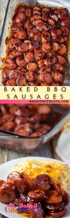 baked bbq sausages in a casserole dish with macaroni and cheese