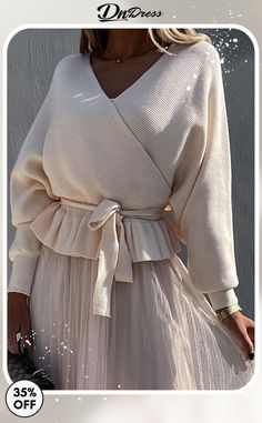 V-neck Slim Belt Sweater Beige Long Sleeve V-neck Sweater For Spring, Chic Cream V-neck Cardigan, Elegant Cream V-neck Sweater, Chic Beige V-neck Sweater For Fall, Cream V-neck Cardigan, Chic Long-sleeved V-neck Sweater For Spring, Cream V-neck Top For Fall, Chic V-neck Cardigan For Day Out, Cream V-neck Sweater For Spring