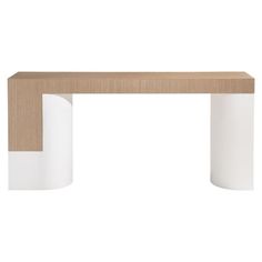 a white and wood table with two columns on it's sides, against a white background