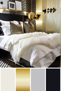 a black and gold bedroom with white fur on the bed, two pictures above it