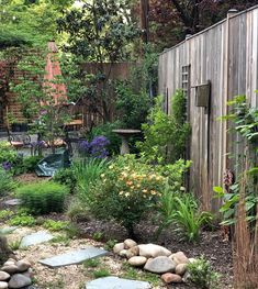 an outdoor garden with rocks and plants in the foreground, next to a wooden fence