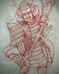 a drawing of a samurai holding two swords