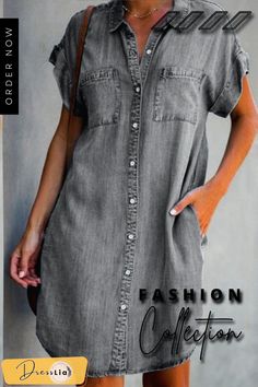 Buttoned Short Sleeve Denim Mini Dress P10426 Short Sleeve Denim, Shirt Collar Styles, Style Upgrade, Denim Mini Dress, Dresses By Length, Denim Mini, Collar Dress, Shirt Collar, Women's Fashion Dresses