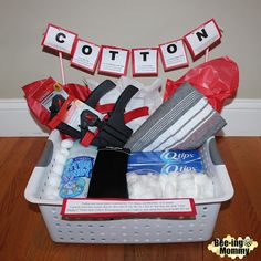 a basket filled with items sitting on top of a wooden floor