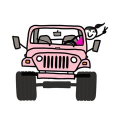 a pink jeep driving down a road with two people in the front seat and one person waving