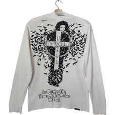 This 90's Hysteric Glamour long sleeve tee will personally guide you through the gates of hell. The back of the shirt is my favorite with satanic symbolism, birds, candles, and other imagery. There is text on the front and back that reads "Im Guiding You Through The Gates Of Hell" in a gothic font.  ★★ Please read all the description carefully befoare make any purchasing. Somehow, if you have any questions feel free to ask. ★★ Please check and understand the measurements given. ★★ DETAILS : - Si Gothic Long Sleeve T-shirt For Fall, Gothic Long Sleeve Cotton T-shirt, Alternative Style White Long Sleeve Tops, White Long Sleeve Alternative Top, Gothic Font, Gates Of Hell, Gothic Fonts, Hysteric Glamour, Gate