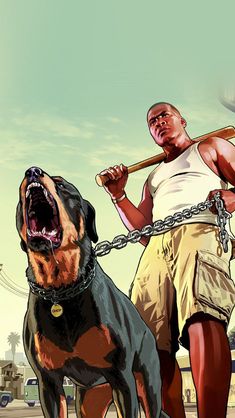 a man holding a baseball bat and standing next to a large dog on a chain