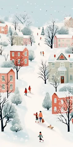 a painting of people walking in the snow with houses and trees on either side of them