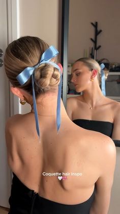 coquette core ribbon bun 🩵🎀 #hairstyleinspo #hairtutorial #hairribbon Hairstyle Ideas Bun, Buns With Ribbon, Long Hair With Ribbon, Bun With Ribbon Hairstyles, Ribbon Updo, Low Bun Hoco Hairstyles, Hairstyles Bow Ribbon, Bun With Ribbon, Ribbon Bun Hairstyle