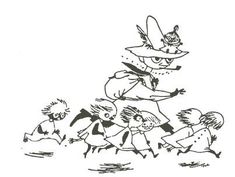 an old black and white drawing of children running