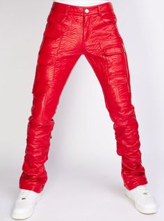 Introducing the Politics Jeans - Cargo PU Leather Stacked in a striking red shade. The Murphy design boasts a trendy cargo-style silhouette with a modern twist, featuring faux leather accents and a comfortable stacked fit. Apple Red Color, Leather Cargo Pants, Red Leather Pants, Jeans And Hoodie, Leather Pants Outfit, Candy Apple Red, Apple Red, Red Candy, Candy Apple