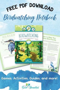 the birdwatching notebook and guide for kids is shown in front of a blue background