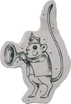 a sticker with a drawing of a mouse holding a megaphone in it's mouth