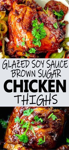 glazed soy sauce brown sugar chicken thighs in a white bowl with green garnish