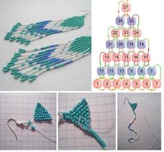 the instructions for making beaded earrings are shown in three different pictures, and one is showing