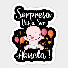 a sticker with an image of a baby holding balloons