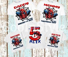 three spiderman birthday shirts with the number five on them