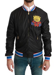 Dolce & Gabbana Black YEAR OF THE PIG Bomber Jacket Sophisticated Wardrobe, Black Palette, Dolce Gabbana Jacket, Essential Fashion, Pig Family, Luxury Outerwear, Year Of The Pig, Stefano Gabbana, Beautiful Logos