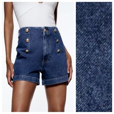 Nwt. Zara Blue Z1975 Denim High Rise Shorts With Decorative Golden Buttons On The Front, Patch Pockets On The Back, Zipper And Button Closure. Size 12. Ref. 6147/082. Waist 15,5" Flat, Rise 13", Inseam 4". C. Trendy Denim Blue Short Leg Jeans, Trendy Short Leg Denim Blue Jeans, Trendy Blue Short Leg Jeans, Denim Jeans With Belt Loops And Short Legs, Denim Blue Short Length Jeans With Belt Loops, Zara High Rise Jeans With Belt Loops, Dark Wash Short Leg Denim Jeans, Washed Blue High Waist Denim Shorts, High Waist Washed Blue Denim Shorts