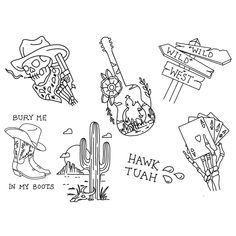 a black and white drawing of various mexican symbols