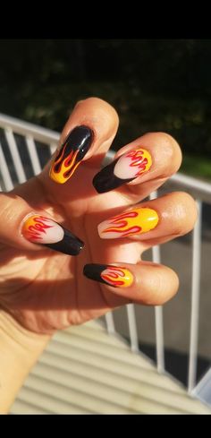 Black Nails With Orange Flames, Flames French Tip Nails, Flame Nails Black And Red, Black And Orange Flame Nails, Red And Orange Flame Nails, Black Nails Red Flames, Orange Flame Acrylic Nails, French Tips With Flames, Flame Nails Orange