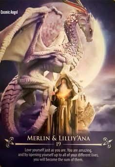 a card with an image of a woman standing next to a dragon and the words merrin & liliyana on it