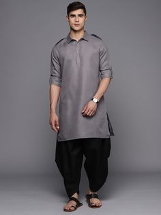 Grey Linen Pathani Kurta with Dhoti Pants - Inddus.com Casual Long Sleeve Kurta For Navratri, Casual Long Sleeve Sets For Navratri, Casual Kurta For Workwear And Eid, Casual Workwear Kurta For Eid, Traditional Cotton Kurta With Button Cuffs, Traditional Long Sleeve Linen Kurta, Festive Long Sleeve Linen Sets, Diwali Linen Straight Kurta, Long Sleeve Linen Kurta For Work