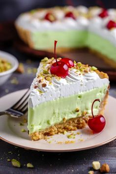 a piece of cake on a plate with cherries