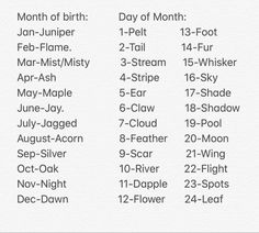 the months and dates for each month