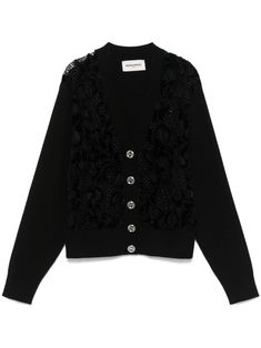 black stretch-design knitted construction velvet lace panels front button fastening semi-sheer panels V-neck long sleeves ribbed cuffs and hem straight hem Elegant Lace Cardigan For Fall, Elegant Winter Cardigan With Lace Trim, Elegant Long Sleeve Cardigan With Lace Trim, Elegant Long Sleeve Lace Trim Cardigan, Elegant Black Fine Knit Cardigan, Luxury Knit Cardigan With Button Closure, Luxury Black Cardigan With Buttons, Designer Black Cardigan With Button Closure, Luxury Black Textured Knit Cardigan