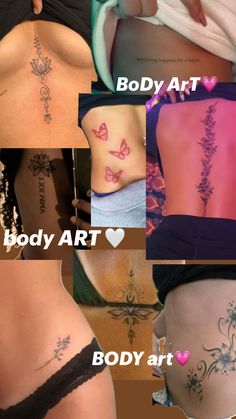 the back of a woman's stomach with different tattoos on it