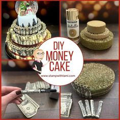 a collage of photos with money, cake and other things to make it look like they are made out of dollar bills