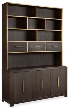 an open bookcase with drawers and cupboards on the bottom, against a white background