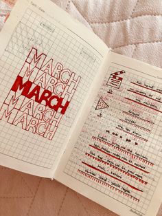 an open book with the words march and march written in red on top of it