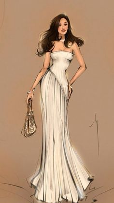 a drawing of a woman in a white dress holding a purse and posing for the camera