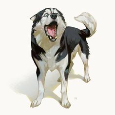 a drawing of a husky dog with its mouth open and his tongue out, standing in front of a white background