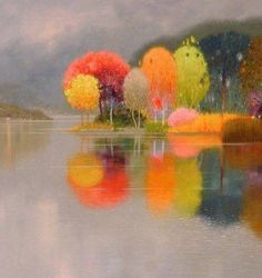 a painting of colorful trees reflecting in the water