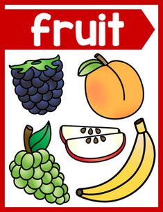 a red sign that says fruit with pictures of different fruits and vegetables on it, including bananas, grapes, peaches, and apples