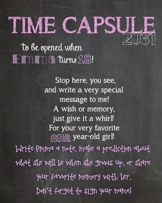 a blackboard with the words time capsule written in pink and purple ink on it