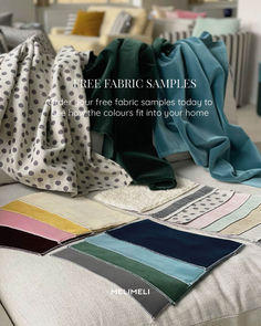 the fabric samples are laid out on top of each other in different colors and patterns