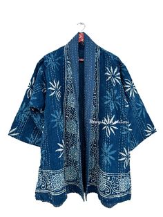 Cotton Kantha Indigo Print Handmade Jacket Kimono Overcoat For Women Quilt Gift Casual Cotton Winter Kimono, Casual Winter Cotton Kimono, Casual Outerwear With Kimono Sleeves And Pockets, Casual Outerwear With Kimono Sleeves, Winter Indigo Cotton Outerwear, Long Sleeve Cotton Kimono With Pockets, Indigo Long Sleeve Blazer For Fall, Blue Cotton Outerwear With Kimono Sleeves, Vintage Outerwear With Kimono Sleeves For Winter