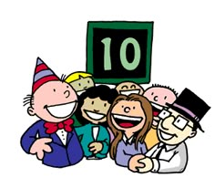 a group of people standing next to each other in front of a sign with the number ten on it