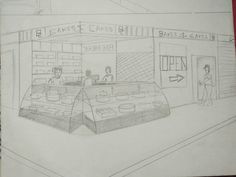 a drawing of two people standing in front of a bakery with cakes on the counter