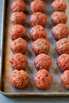 raw meatballs on a baking sheet ready to go into the oven or freezer