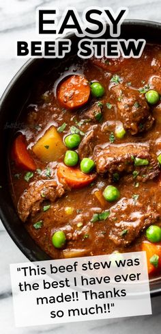 beef stew with peas and carrots in a skillet